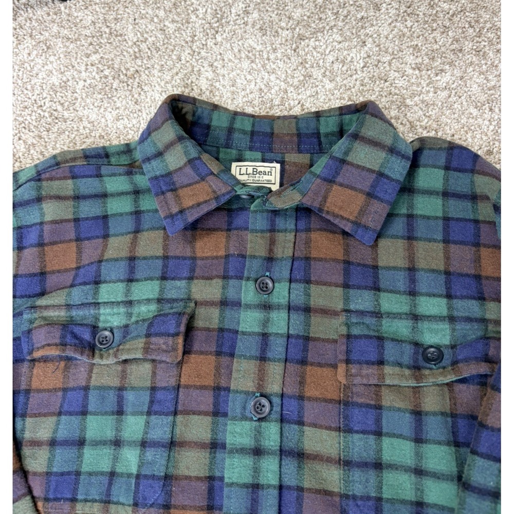 LL Bean Mens L Traditional Fit Plaid Flannel Shirt Green Blue Brown Long Sleeve